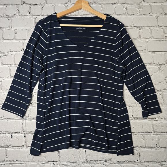 J. Jill Tops - J Jill Pima 3/4 Sleeve V-Neck Navy Blue White Classic Stripe Pima Cotton Top Med